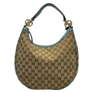 Auth GUCCI GG Twins 232962 Dark Brown Beige Light Blue Jacquard Leather